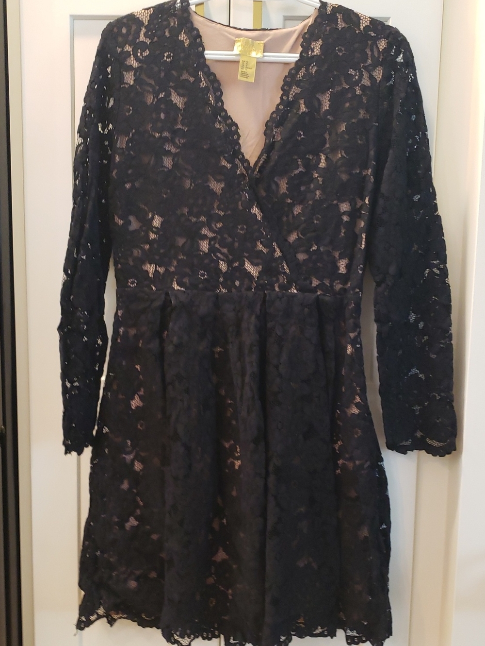 H&M Black Lace V-Neck Long Sleeve Dress with Nude Underlay